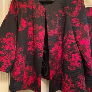 Black and red floral skirt and suit jacket.